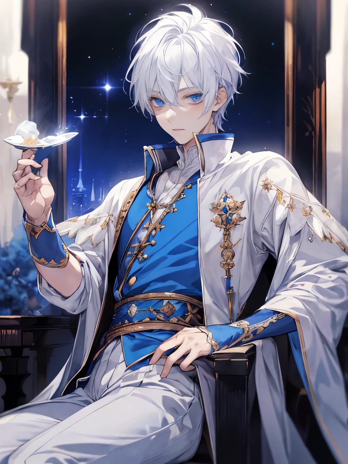 Fantasy, prince, white hair, blue eyes, boy, staring coldly, royalty, party