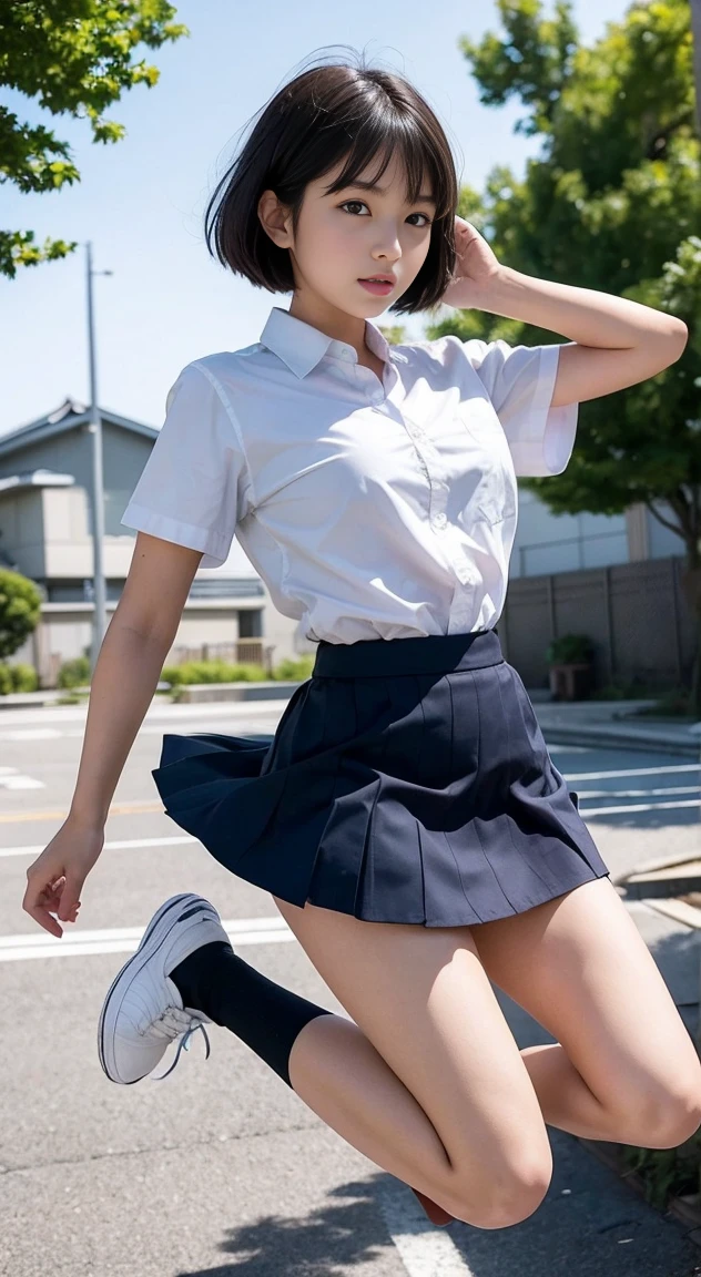 Japan girls, Japan, 18-year-old girls, short hair, black hair, brown eyes, small breasts, perfect figure, perfect skin, school uniform, light blue shirt, navy blue skirt, underwear, Panty shot, sneakers, feeling jumping and bouncing happily, jumping, schoolyard,