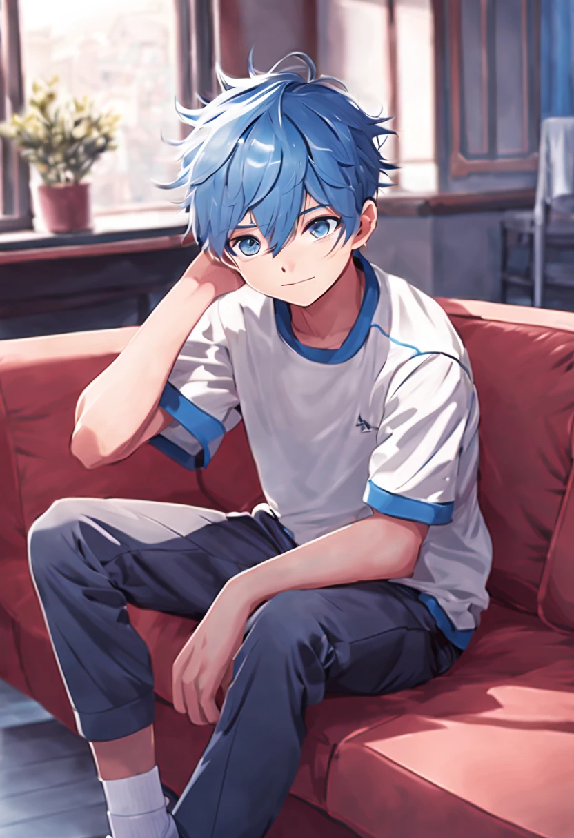 masterpiece，best quality，8K quality，highest resolution，unparalleled clarity，full body character，panoramic， Delicate face，full body character，telephoto lens，A boy with fine fingers，sports student，Handsome boy，cute，8 year old，Shota，anime characters，Heterochromic eyes，muscle（0.4）look at the audience，smirk，Male focus is prominent，messy blue hair，sportswear，black leggings，Spread your legs towards the audience，Sitting on the sofa facing the audience，white socks，Living room background with clear face
