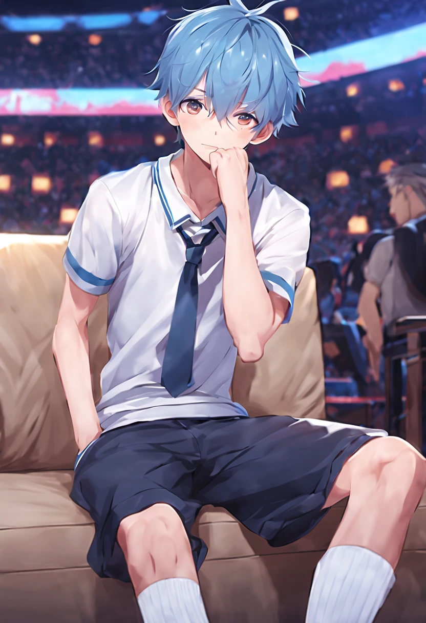 masterpiece，best quality，8K quality，highest resolution，unparalleled clarity，full body character，panoramic， Delicate face，full body character，telephoto lens，A boy with fine fingers，sports student，Handsome boy，cute，8 year old，Shota，anime characters，Heterochromic eyes，muscle（0.4）look at the audience，smirk，Male focus is prominent，messy blue hair，sportswear，black leggings，Spread your legs towards the audience，Sitting on the sofa facing the audience，white socks，Living room background with clear face
