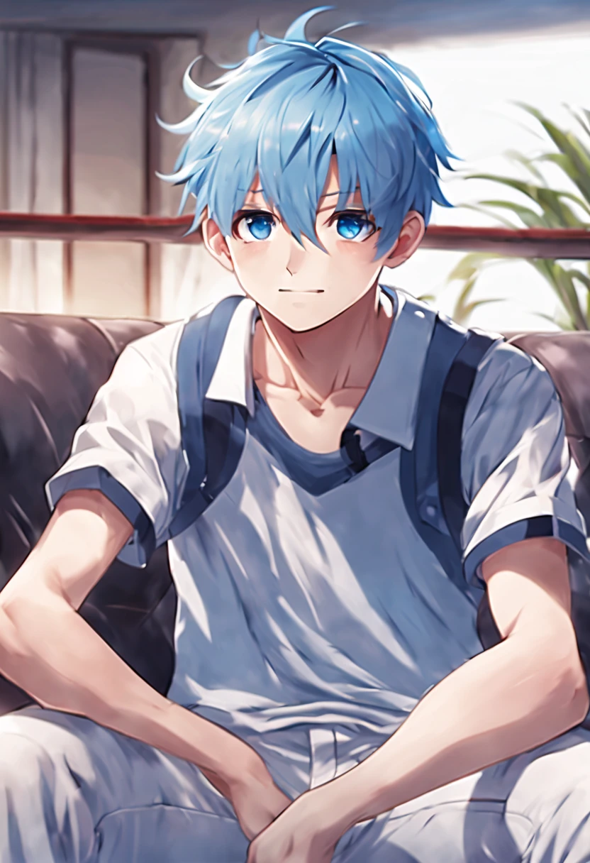 masterpiece,best quality,8K quality,highest resolution,unparalleled clarity,full body character,panoramic, Delicate face,full body character,telephoto lens,A boy with fine fingers,sports student,Handsome boy,cute,8 year old,Shota,anime characters,Heterochromic eyes,muscle(0.4)look at the audience,smirk,Male focus is prominent,messy blue hair,sportswear,black leggings,Spread your legs towards the audience,Sitting on the sofa facing the audience,white socks,Living room background with clear face