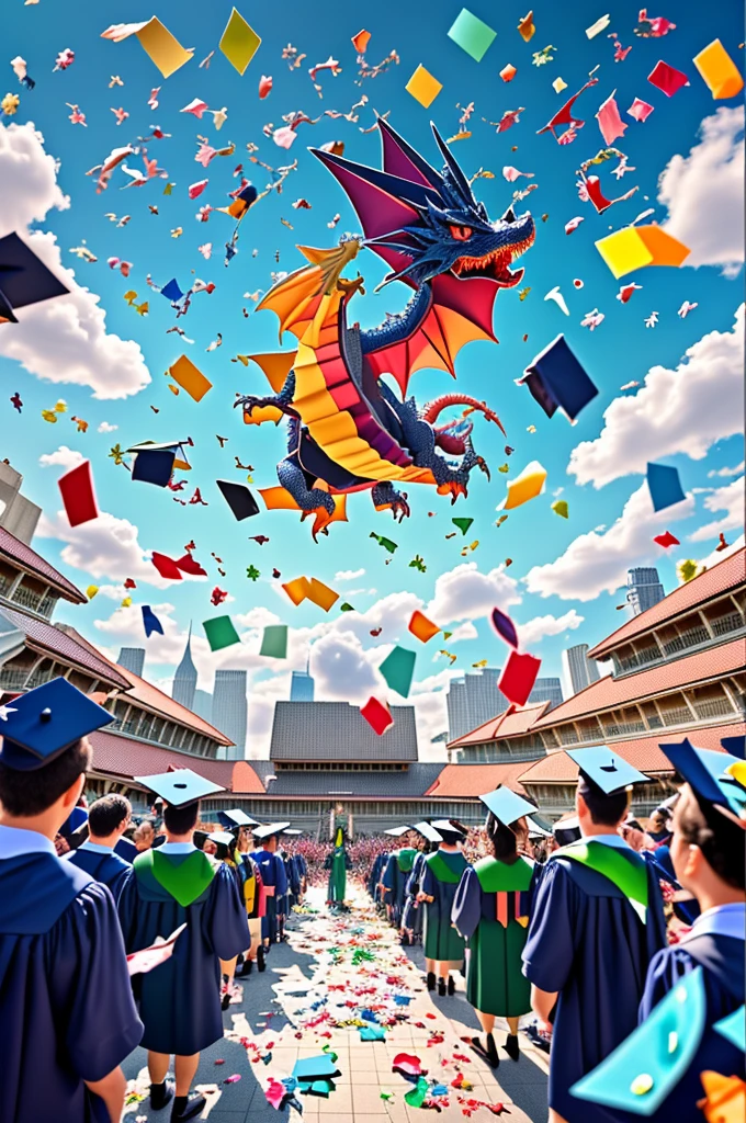 a Cute dragon in neat graduation attire at graduation ceremony, colorful paper scraps falling from the sky, panoramic view, Ultra high saturation, (best quality, masterpiece, Representative work, official art, Professional, 8k)