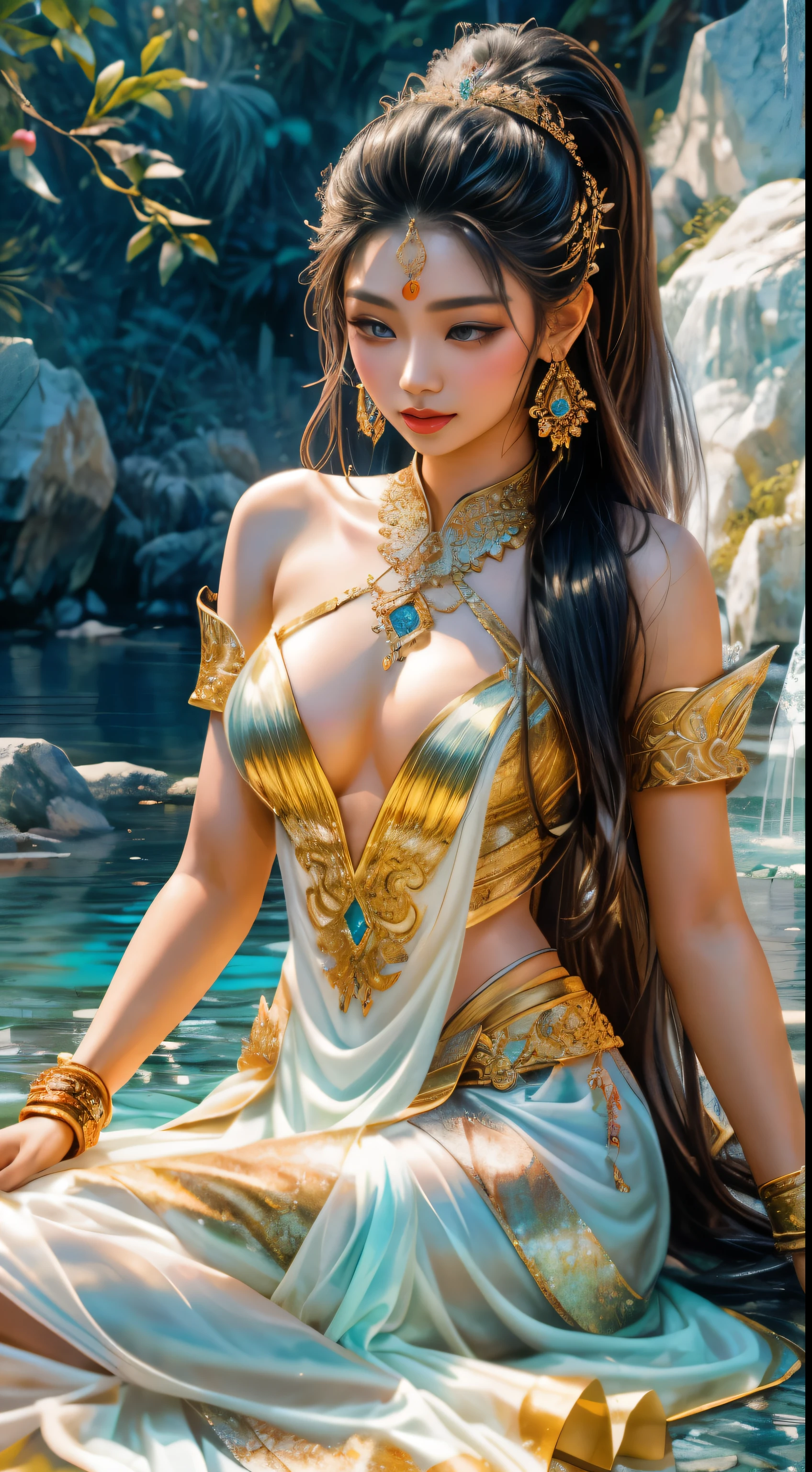 Create mesmerizing images (BEST AESTHETIC, Ultra high resolution), Stunningly beautiful Thai girls with extra long ponytails (exquisite details, Extremely protracted), Both hands delicately squeezed every strand of her shiny hair. (realistic, Incredibly textured). She's clear., Bright skin (best quality, Facial skin is bright like crystal.) Shining a wonderful light (charming aura).

Her luxurious Thai outfit (different, Bright Thai patterns), Decorated with sparkling sequins, Sitting gracefully on the pristine white rocks behind her. (realistic, smooth