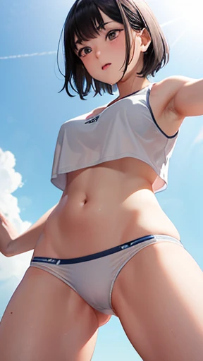 Japanese junior high school girl Athletics Club activities Outdoor Raise both arms wide ????????? Running Beautiful girl Black hair Short hair Small ??????? Slim Beautiful legs Skin is delicate and beautiful White tank top Tank top is transparent White ????????? ????????? is transparent Skin The underside of the ??????? are visible The clothes are wet The belly button is exposed The whole body is sweaty The hair is wildly messy The hair is wet The shy expression View from directly below Armpit hair is growing