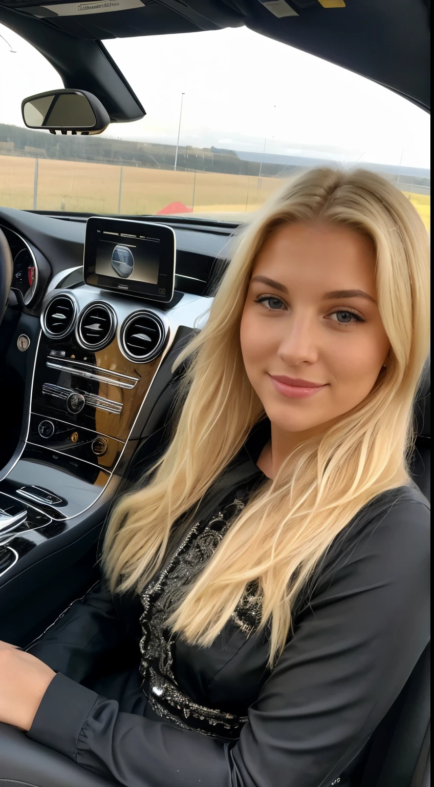 A 23 year old blonde woman, ((big )), ((Hyperrealismus)) ,. Blondes Haar mit hellbraunem Ansatz. blondes Haar, Haare mit braunen Wurzeln, extra langes Haar, sehr langes Haar, wirklich lange Haare, Nice, Mit dem iPhone 15 pro max aufgenommenes Foto, wears an evening dress, sitzt in einem neuen mercedes amg auf dem fahrersitz, presentiert den innenraum, posiert im auto, mercedes amg schwarz, perfect quality, (((autoshow, automodel, innenraum des mercedes muss sichtbar sein, lenkrad, cockpit)))