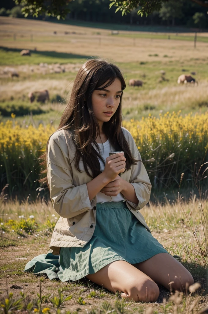 Illustration about a girl, in a meadow, talking to animals