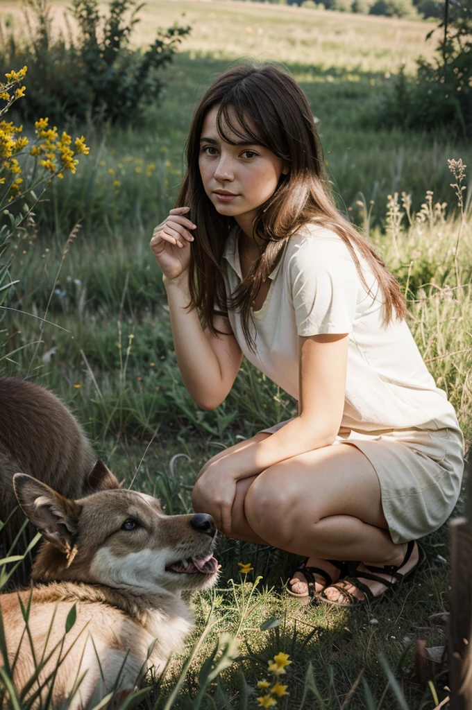 Illustration about a girl, in a meadow, talking to animals