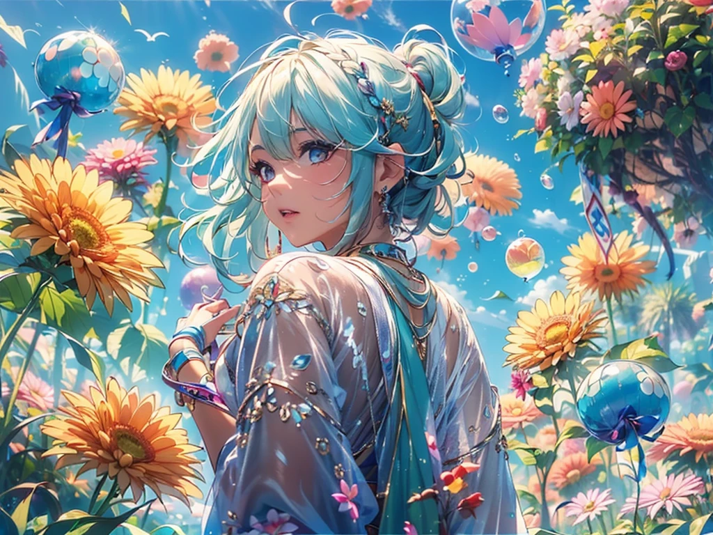 (masterpiece), (highest quality), (Super detailed), (messy hair), (figure), (one girl), (fashionable clothes), Are standing, Fashion Model, beholder, (face to face), (simple background), Fine and beautiful eyes, delicate and beautiful features, floating, (high color saturation), (Colorful splash), colorful bubble, (shine), focus on face, ponytail, light blue hair, bangs, hair ring, floating Flowers, floating Hairs, (shining), best lighting, best shadows