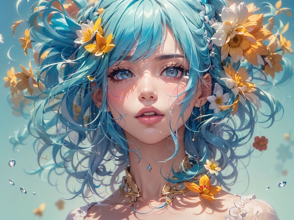 (masterpiece), (highest quality), (Super detailed), (messy hair), (figure), (one girl), (fashionable clothes), Are standing, Fashion Model, beholder, (face to face), (simple background), Fine and beautiful eyes, delicate and beautiful features, floating, (high color saturation), (Colorful splash), colorful bubble, (shine), focus on face, ponytail, light blue hair, bangs, hair ring, floating Flowers, floating Hairs, (shining), best lighting, best shadows
