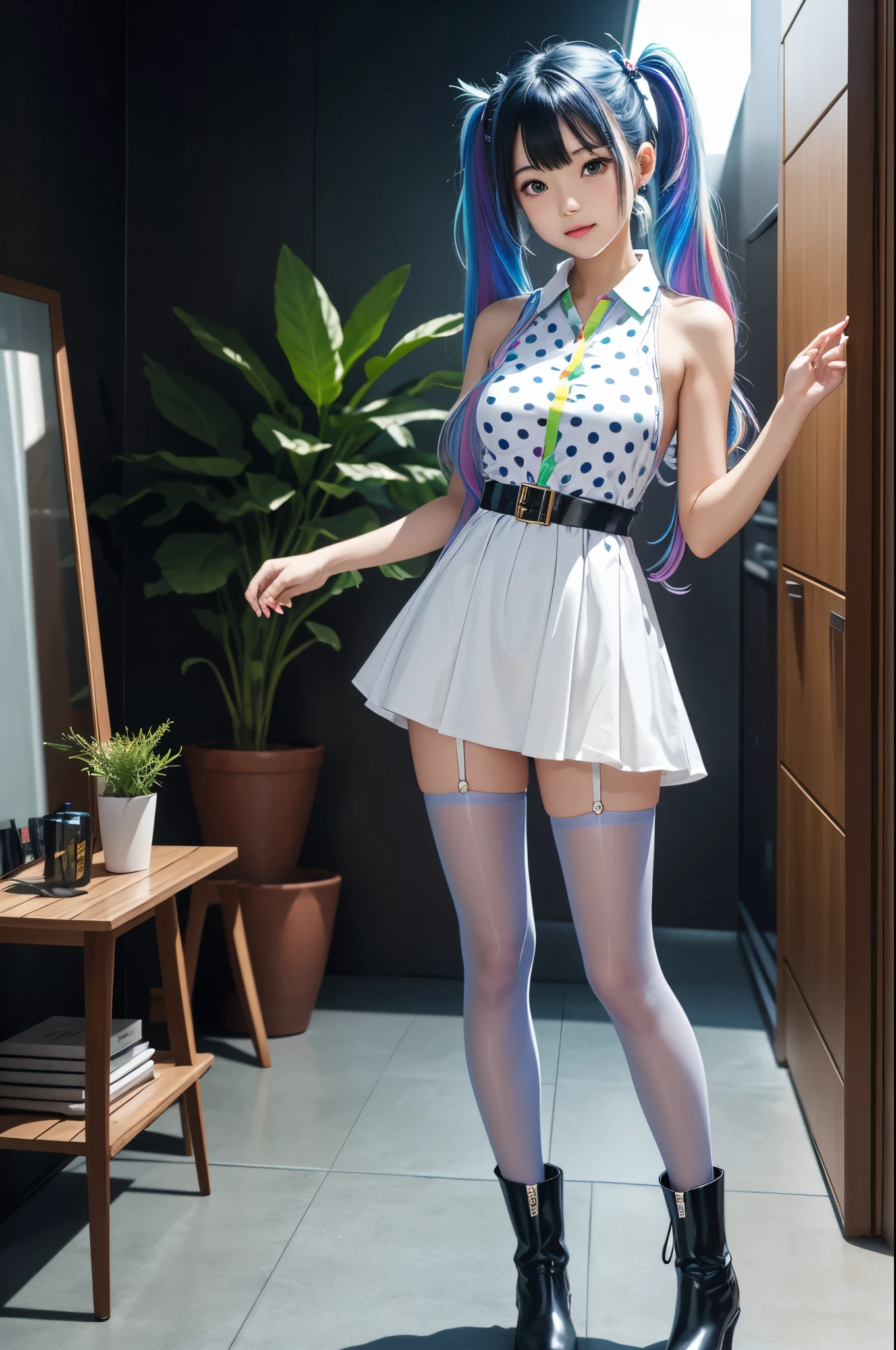 swimsuit、cute rainbow colored hair, idol sculpture, With iridescent hair, ribbon in her hair, idol face、26 year old female, Happy, With twin tails, Perfect symmetrical eyes,green eyes、 clear shining blue eyes, white skin, Silky smooth skin, stand on something flashy, luxury spaceship, big futuristic hallway, Control panel, wood trim, Decorative plants, warm lighting, wearing a futuristic party dress, pleats (shirt) mini dress (Pastel rainbow colors, and polka dots), wearing pantyhose all over, Cute short boots、swimsuit、random pose