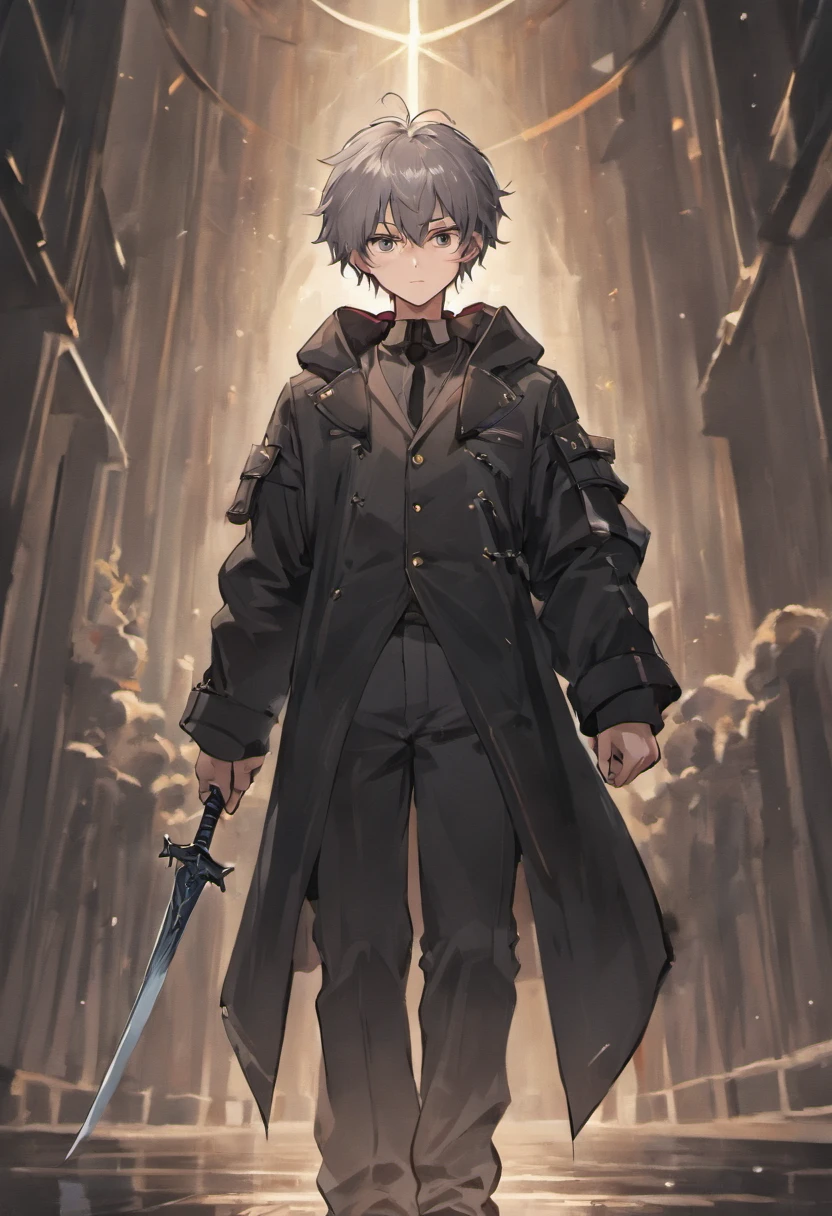 young man with sword, strong, Height 1.60, Age , Victoria trench coat, torn black cloak, Medium gray hair,There are white stripes, Dark clothes,anime characters,Two-dimensional image