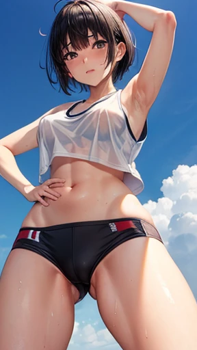 Japanese junior high school girl Athletics Club activities Outdoor Raise both arms wide Open legs Running Beautiful girl Black hair Short hair Small breasts Slim Beautiful legs Skin is delicate and beautiful White tank top Tank top is transparent White underwear Underwear is transparent Skin The underside of the breasts are visible The clothes are wet The belly button is exposed The whole body is sweaty The hair is wildly messy The hair is wet The shy expression View from directly below Armpit hair is growing
