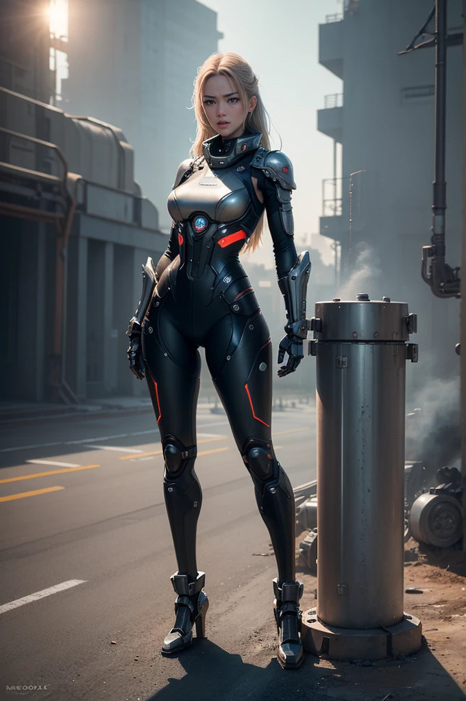 (((full body photo))) Female mechanical sensation,Raised sexy,On the industrial base,True mechanical texture,tmasterpiece,best qualtiy,cinematic colorgrade,high qulity,k hd,High-quality textures,High-quality shadows,high detal,realisticlying,cinematric light,Sideslit,lens flare glow,Fiber tracing,Sharp focus