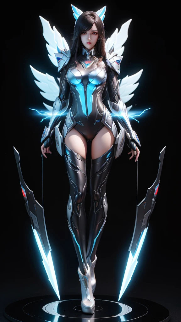 (((full body photo))) Female black mech sculpture,Skysky,The mech is rich in detail,Mechanical skin texture,Silver robot wing detail,Silver lightning ball,holding knives,Explosive effect