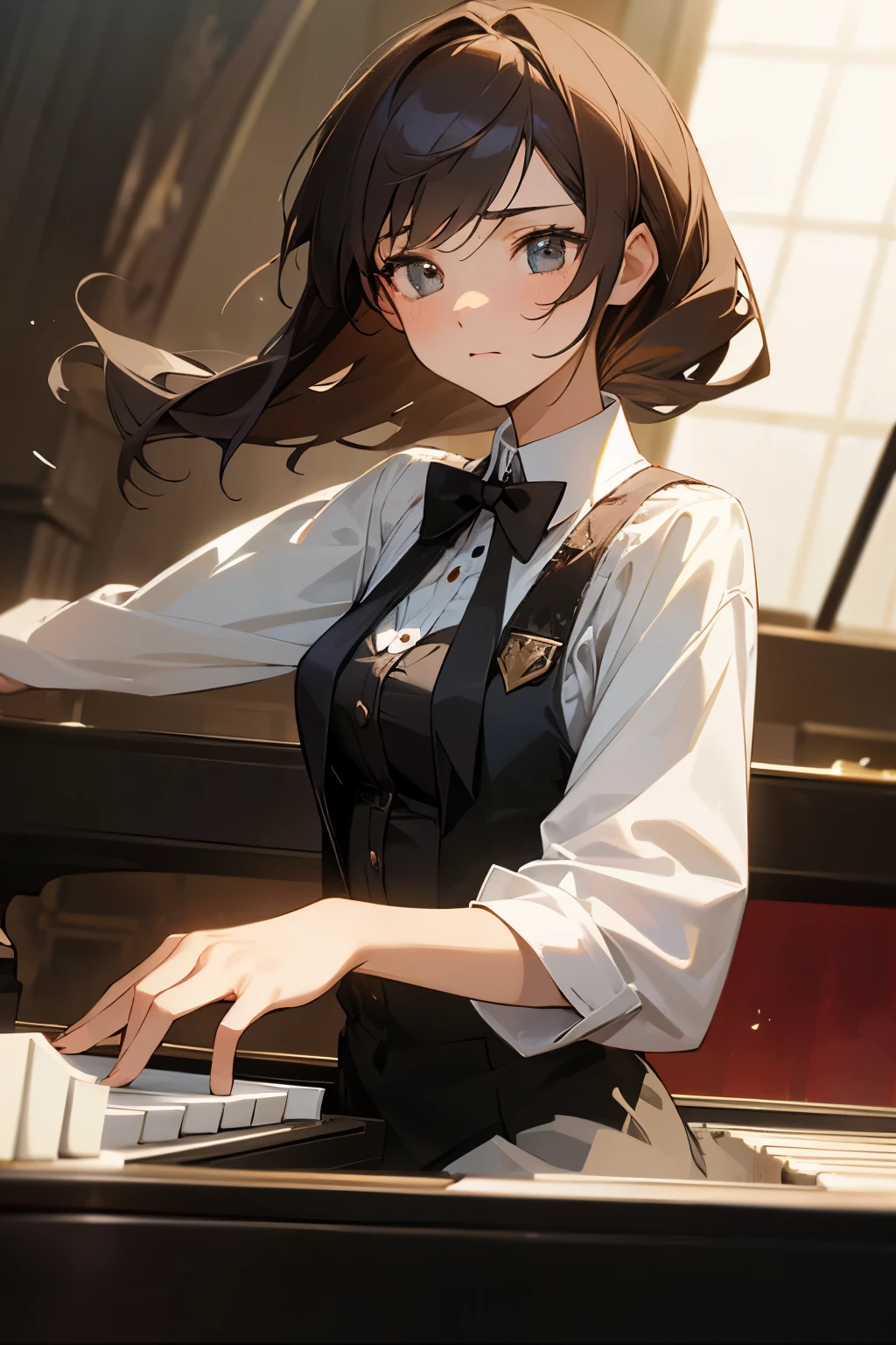 High-quality, dynamic image of a young, innocent idol-like woman in her 30s, in a professional pianist's attire, at a grand piano, in a concert setting, conveying emotion and skill in piano performance.
