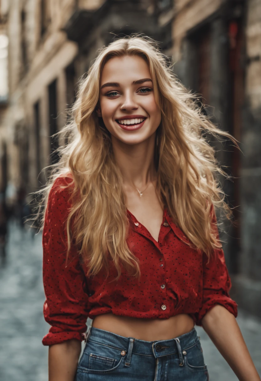 ultrarealistic high quality photo of a beautiful young tall busty european girl with cute face and natural blonde long hair and beautiful embarrassed smile, realistic eyes, freckles, glossy red lips, smokey eyes makeup, wearing casual clothes with miniskirt , full body side view street photography,
