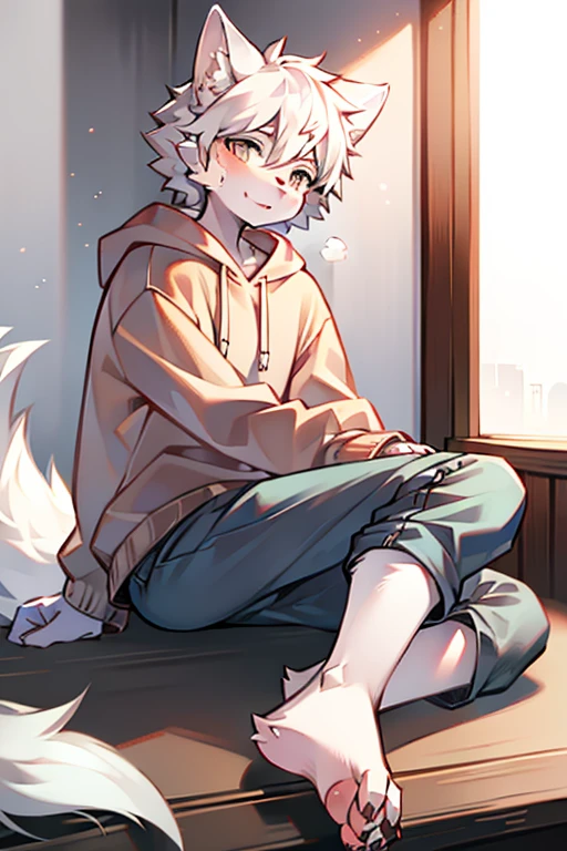 Humanity，white wolf，sweatshirts，cheveux gris courts，shorter pants，，barefoot