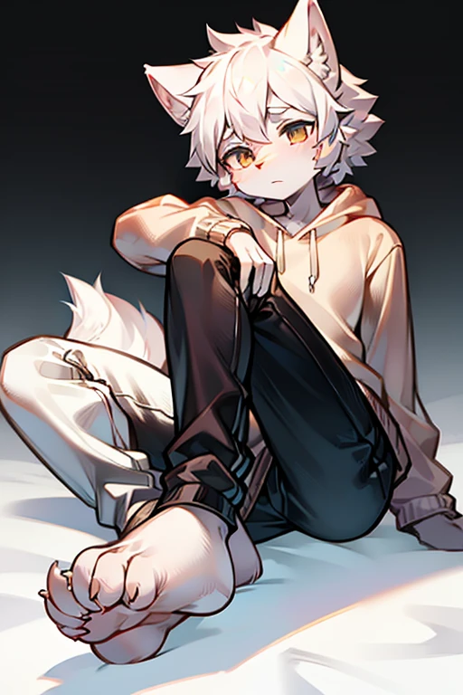 No bright eyes, male, shaggy, left hand bandage, smile, white hair, wounded, shota, crying, blue eyes, four ears, black shirt, leg cuffs, left ear pendant, blue pick dye, short hair, black background, four ears, slave, animal ears, thin, sleeping alone