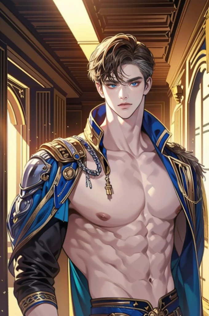 1 boy, Young male, Eyes blue looking to camera, Perfect male body, (Knight, Tall and strong, gold-brown hair,Frown,silver armor, sword in hand,stand in castle),dramatic shadow, Ray Tracing,Portrait,(tmasterpiece, high resolution, ultra - detailed:1.0)