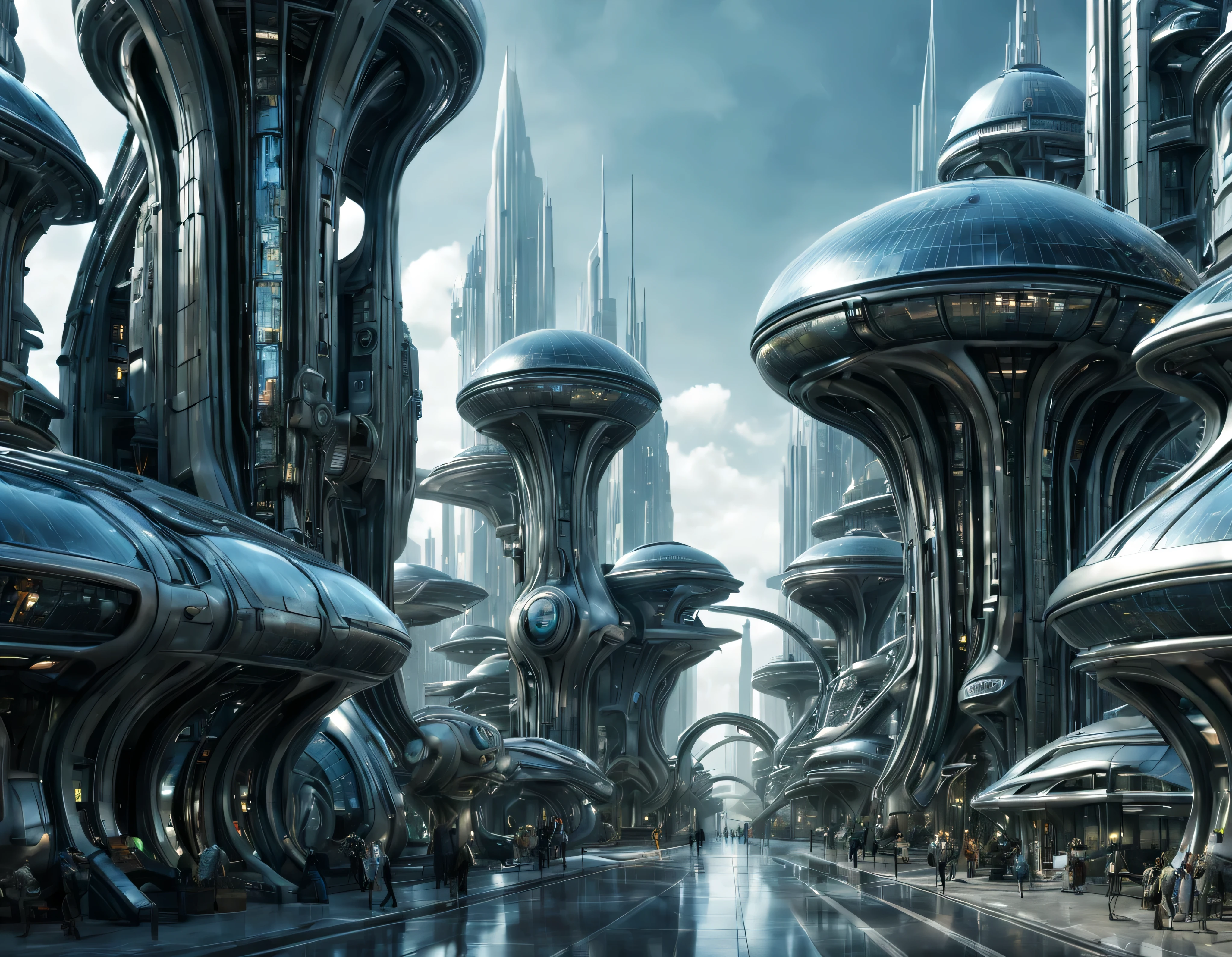 street of an extraterrestrial alien city with futuristic and technological architecture in its metal and glass buildings, some aliens walking around, all full of imagination, science fiction and (intrincados detalles de la maquina).imagen fotorrealista, Maximum sharpness, calidad 8k.(obra maestra de calidad superior). 3D.