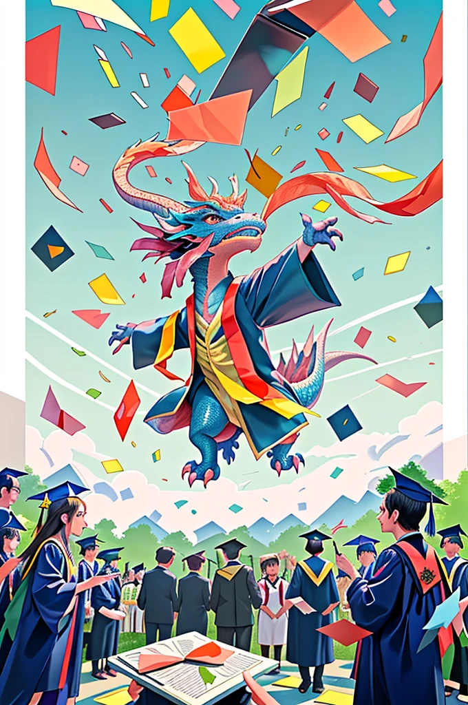 a Cute dragon in graduation attire at graduation ceremony, colorful paper scraps falling from the sky, panoramic view, Ultra high saturation, (best quality, masterpiece, Representative work, official art, Professional, 8k)
