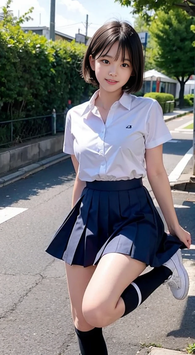 Japan girls, Japan, 18-year-old girls, short hair, black hair, brown eyes, small breasts, perfect figure, perfect skin, school uniform, light blue shirt, navy blue skirt, underwear, Panty shot, sneakers, feeling jumping and bouncing happily, jumping, schoolyard,