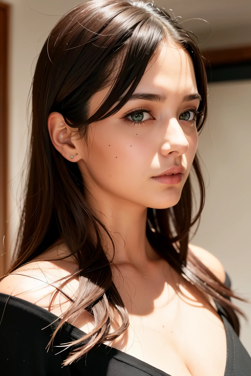 ((1 beautiful girl, gorgeous, large firm push up breasts,black dresses, neckline, 20 years old)),((brown hairs, brown eyes)),Raw photo,ultra realistic, uhd, realistic skin and hairs, best quality,16k resolution,vivid colors, (((the most beautiful cute girl faces in the world))), beautiful make up