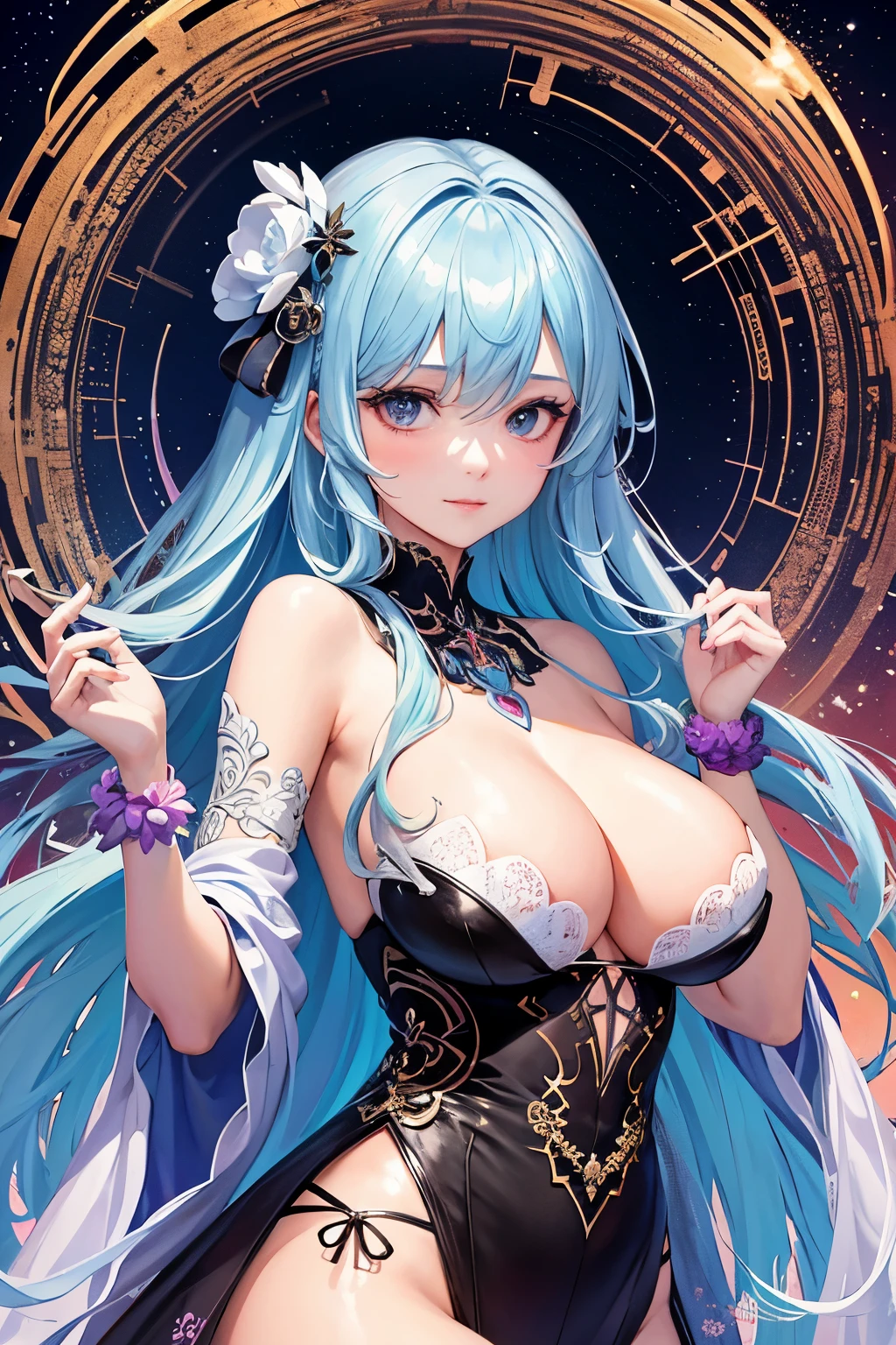 In the heart of an enchanting digital universe, a captivating masterpiece unfolds, epitomizing the highest and best quality standards. One girl, bathed in the ethereal glow of this vibrant work of art, stands out in exquisite detail. Fractal patterns, in a riot of colors, weave intricately around her, engulfing her in a symphony of hues and contours. The official art bursts with maximum details, a testament to the artist's boundless creativity. Each curve, crease, and follicle is lovingly rendered, inviting you to immerse yourself in the breathtaking beauty of this enchanting work.