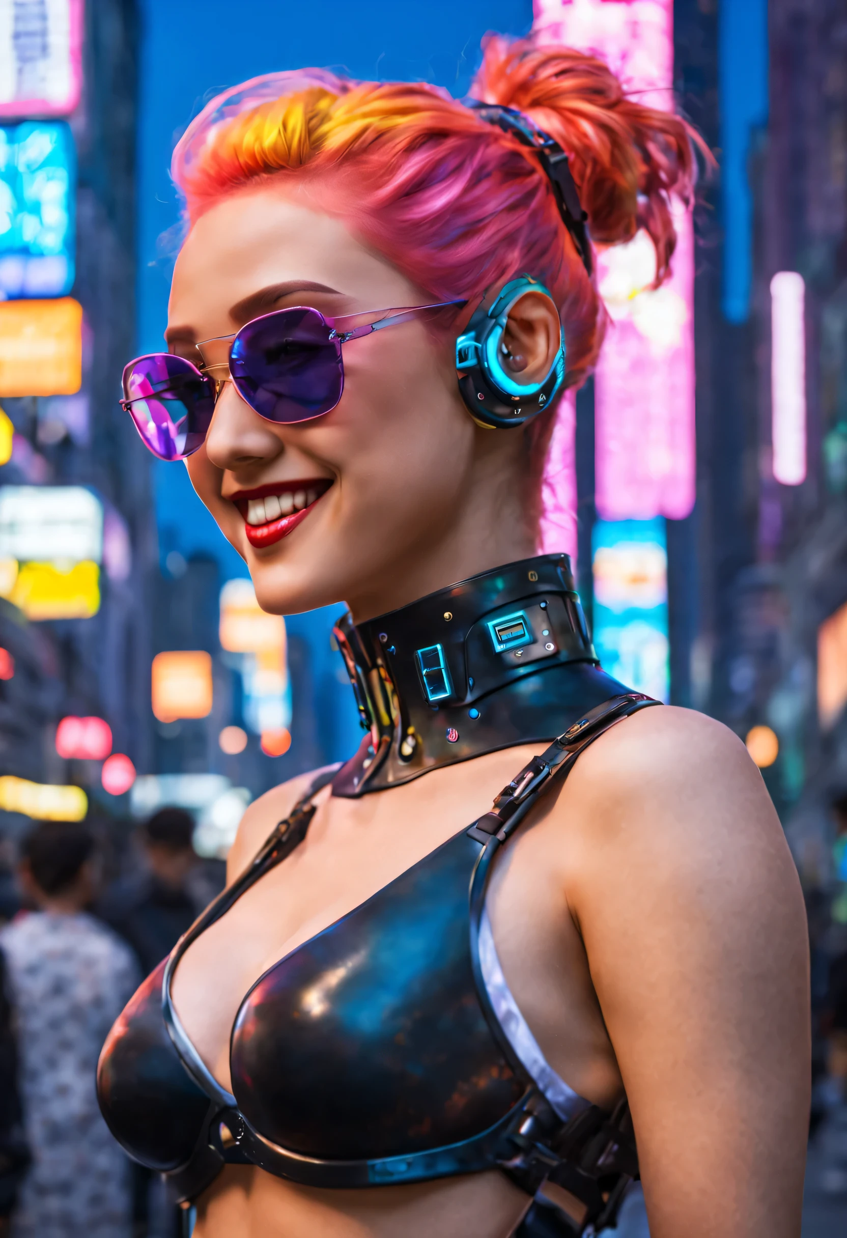 masterpiece, best quality, ((smiling)) cyberpunk girls standing, sunglasses, side view, Harajuku-inspired cyberpunk body harness, bold colors and patterns, eye-catching accessories, trendy and innovative hairstyle, dazzling Cyberpunk cityscape, skyscrapers, glowing neon signs, LED lights, anime illustration, detailed skin texture, detailed cloth texture, beautiful detailed face, intricate details, ultra detailed, cinematic lighting, strong contrast. INFO