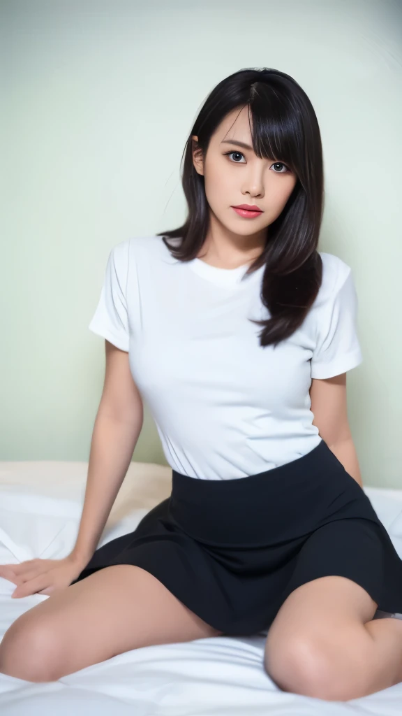 beautiful and mature, masterpiece, best quality, detailed face, perfect lighting,1girl, 45 years, solo, ((ryuuko)),  tshirt opened, mini black skirt, dark brown hair, kneel on the bed, sharp eyes, full body shoot