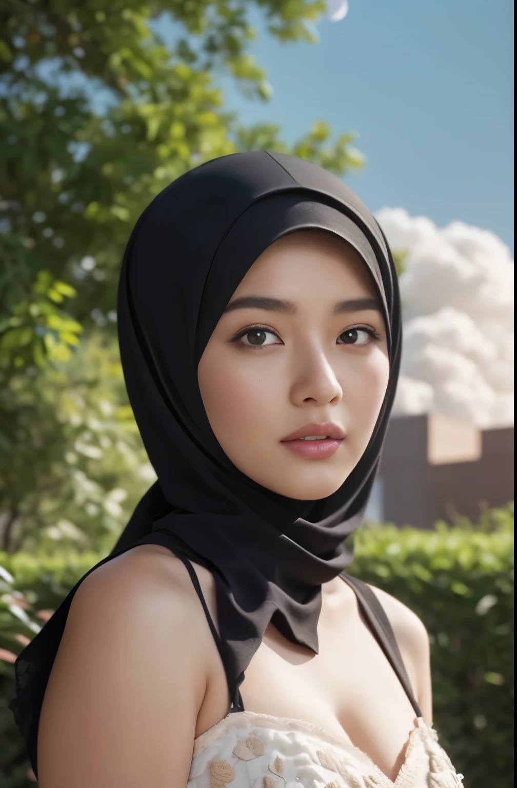 brownies, sky,moon, (Close-up of the painting style,Ultra HD 8K,Masterpiece grade CG wallpaper),Cinematic lighting,cute girly,Delicate and beautiful face,Dreamy pupils,Wearing nekomaid,round waist,hijabi,Bust poem,Sit,Cloudy background,the trees,florals,夏天,Chinese style buildings, cleavage, magical