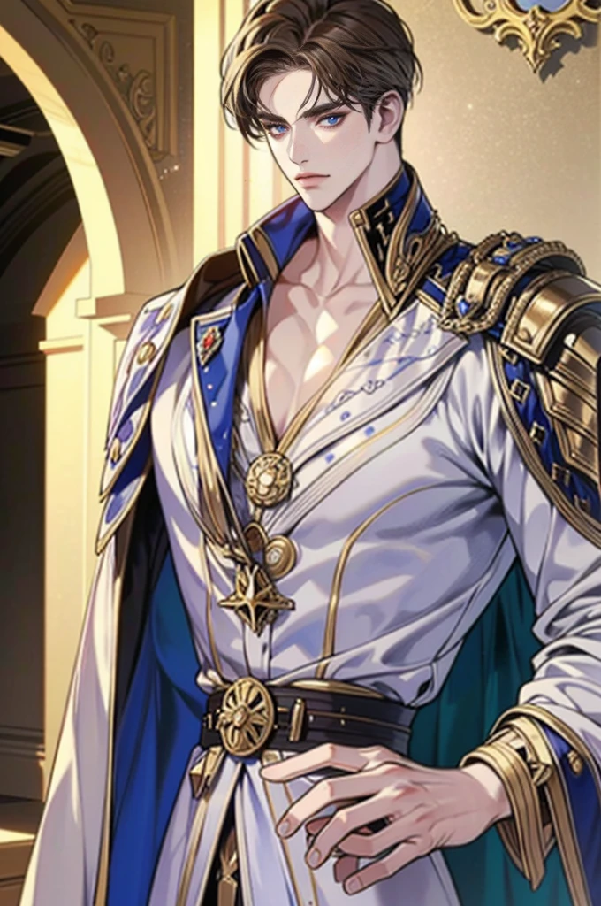 1 boy, Young male, Duke, Eyes blue looking to camera, Perfect male body, (Knight, Tall and strong, gold-brown hair,Frown,silver armor, sword in hand,stand in castle),dramatic shadow, Ray Tracing,Portrait,(tmasterpiece, high resolution, ultra - detailed:1.0)