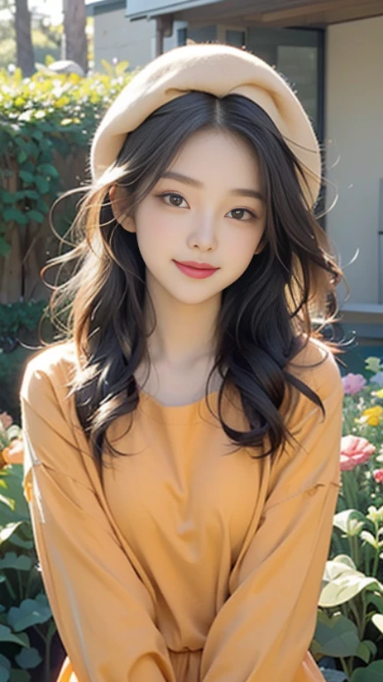A nice and cute ，little ，Beautiful and moving，Highest quality，Beautiful graphics，Tyndall effect，big eyes，long eyelashes，Orange clothes，Berets，perfect facial features，Clear face，Delicate lips，Smile，Clean and beautiful garden background，Gentle light，front Photo