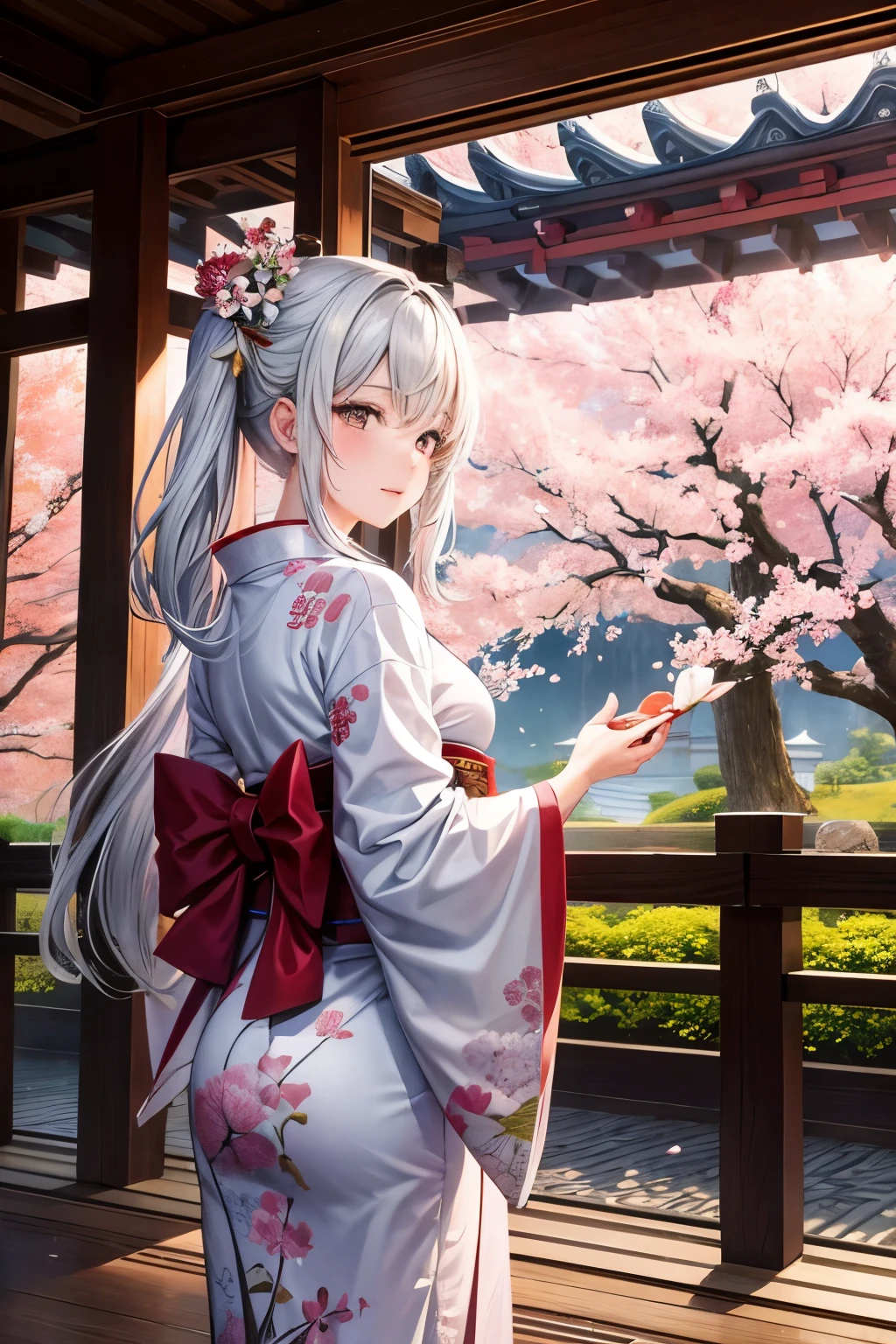 Das Bild zeigt eine faszinierende Szene mit einer Frau, die aus Japan stammt. Sie steht vor einem traditionellen japanischen Garten, whose cherry blossoms bloom in all their glory. The woman is wearing a beautiful kimono robe with ornate patterns, das ihre kulturelle Verbundenheit unterstreicht.
Ihr Gesicht strahlt Gelassenheit und Anmut aus, while standing in a classic teahouse setting. Die warme Sonne taucht die Szene in ein sanftes Licht, that highlights the colors of the kimono and the delicate blossoms of the cherry trees.
In the background stretches a picturesque landscape with traditional pagodas and a peaceful bridge over a clear stream. Cherry blossom petals float in the air, and the atmosphere is permeated with peace and harmony.
Die Kombination aus der kulturellen Eleganz der Frau, The blooming nature and traditional elements give the picture a timeless beauty and tell a story of cultural wealth and inner serenity. Der Betrachter wird eingeladen, to immerse yourself in the world of Japanese tradition and beauty.
