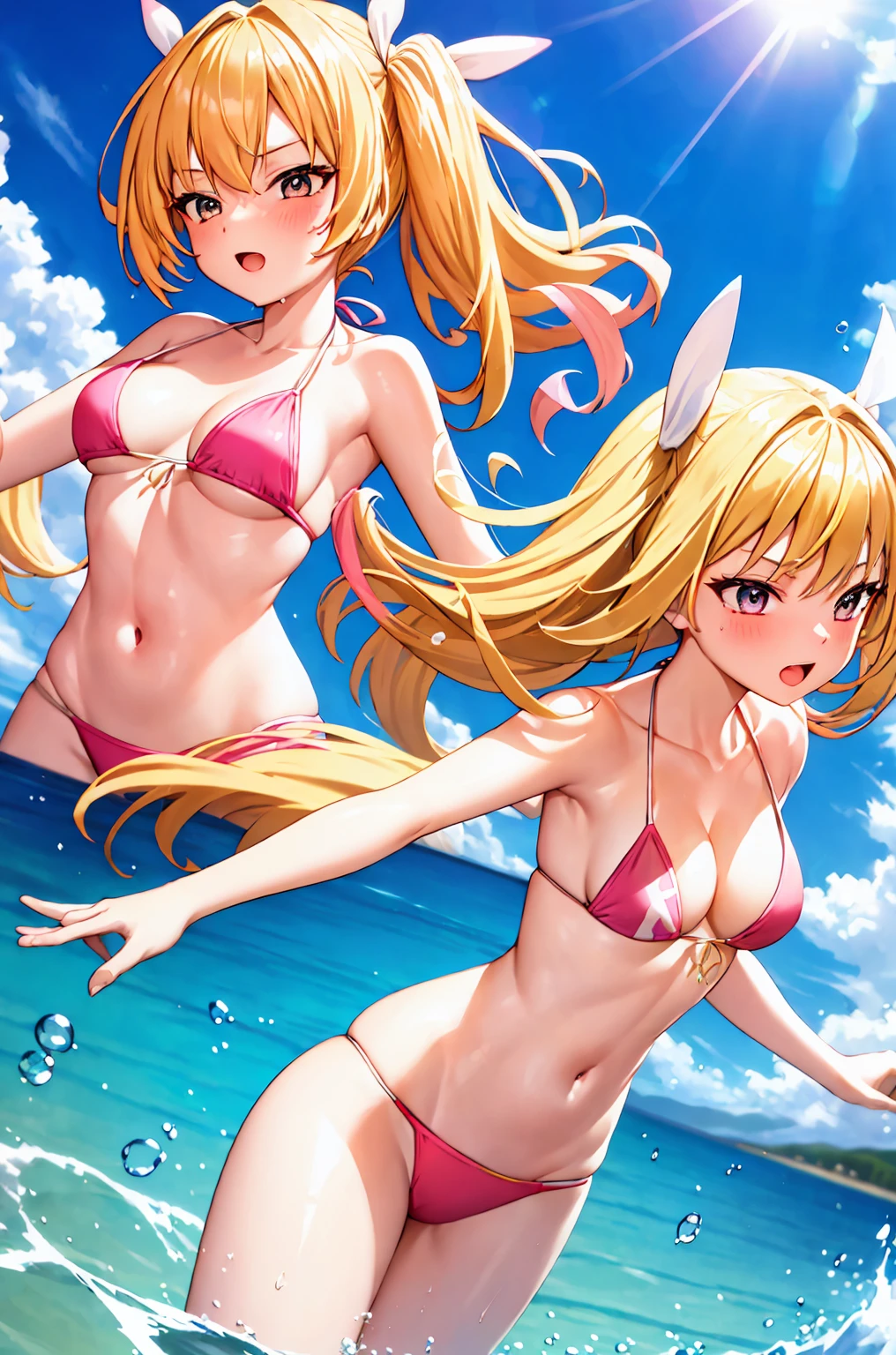 best quality, masterpiece, incredibly beautiful, very elaborate 8K wallpaper, otherworldly beautiful girl, , (fair skinned), (blonde hair pink gradient hair), Side pony, intermittently, Open your mouth and laugh, long eyelashes, cosmetic, One eye open, (zoom out, big, bigREAK, summer, Beachy, (bikini), Reflection in the water, (Floating water drops blur foreground), (blue sky), lens flare glow, (water splash), Sunlight,