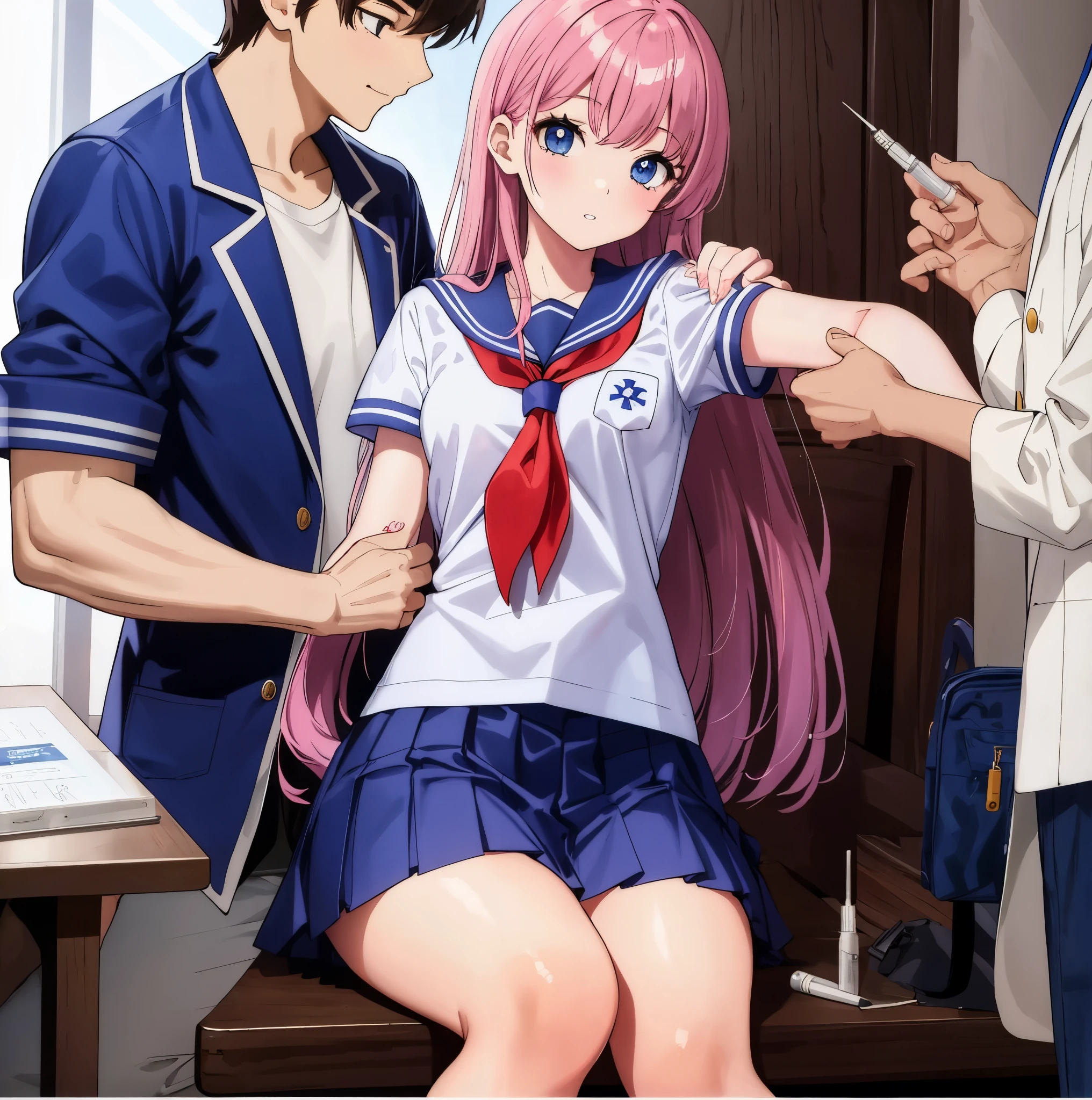 High school girl in a sailor suit receiving vaccination