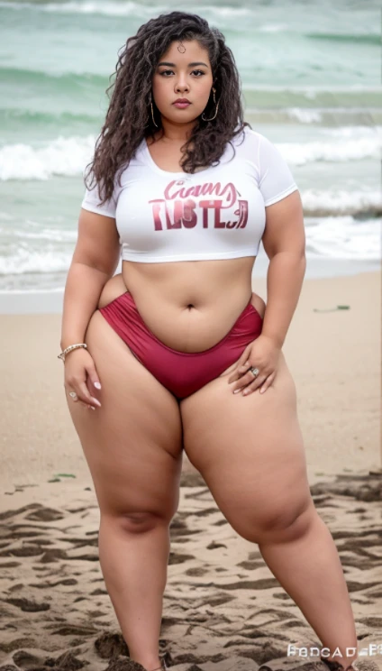 Una mujer con una camisa roja y bragas rojas de pie en una playa., beautiful grueso female, curvas hourglass figure, grueso, skinny waist and grueso hips, curvas model, curvas figure, fit curvas physique, grueso thighs, curvas body, grueso, ella tiene un vientre redondo, gordo y ondulado, grueso body, grueso thigs, curvas build, curvas
