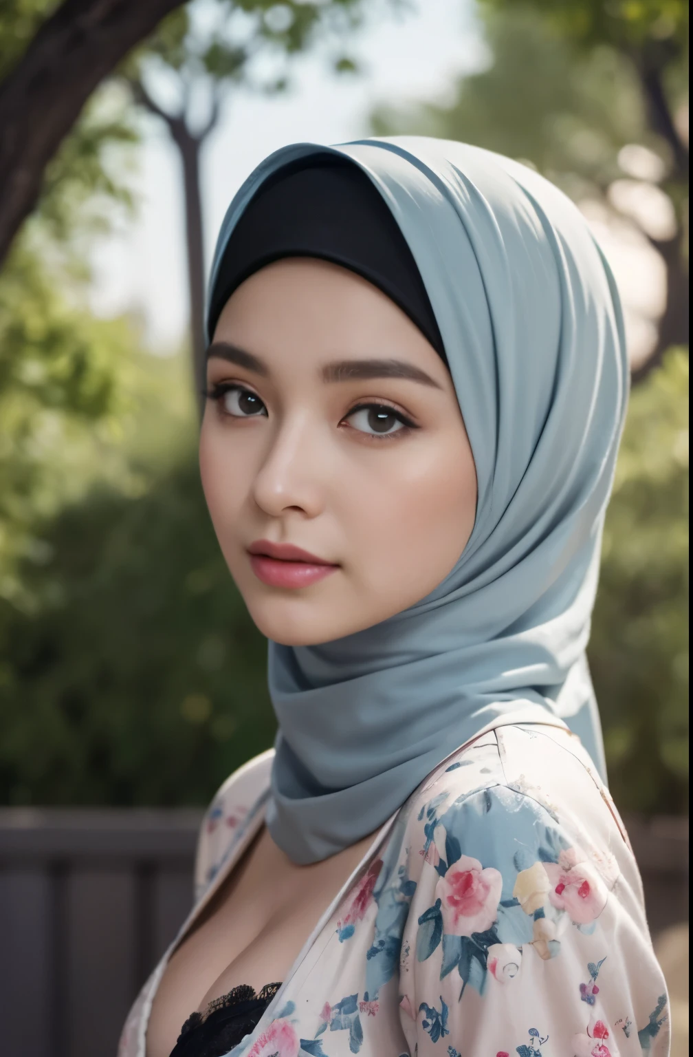 brownies, sky,moon, (Close-up of the painting style，Ultra HD 8K，Masterpiece grade CG wallpaper)，Cinematic lighting，cute girly，Delicate and beautiful face，Dreamy pupils，Wearing nekomaid,round waist,hijabi,Bust poem,Sit，Cloudy background,the trees,florals,夏天,Chinese style buildings, cleavage, magical