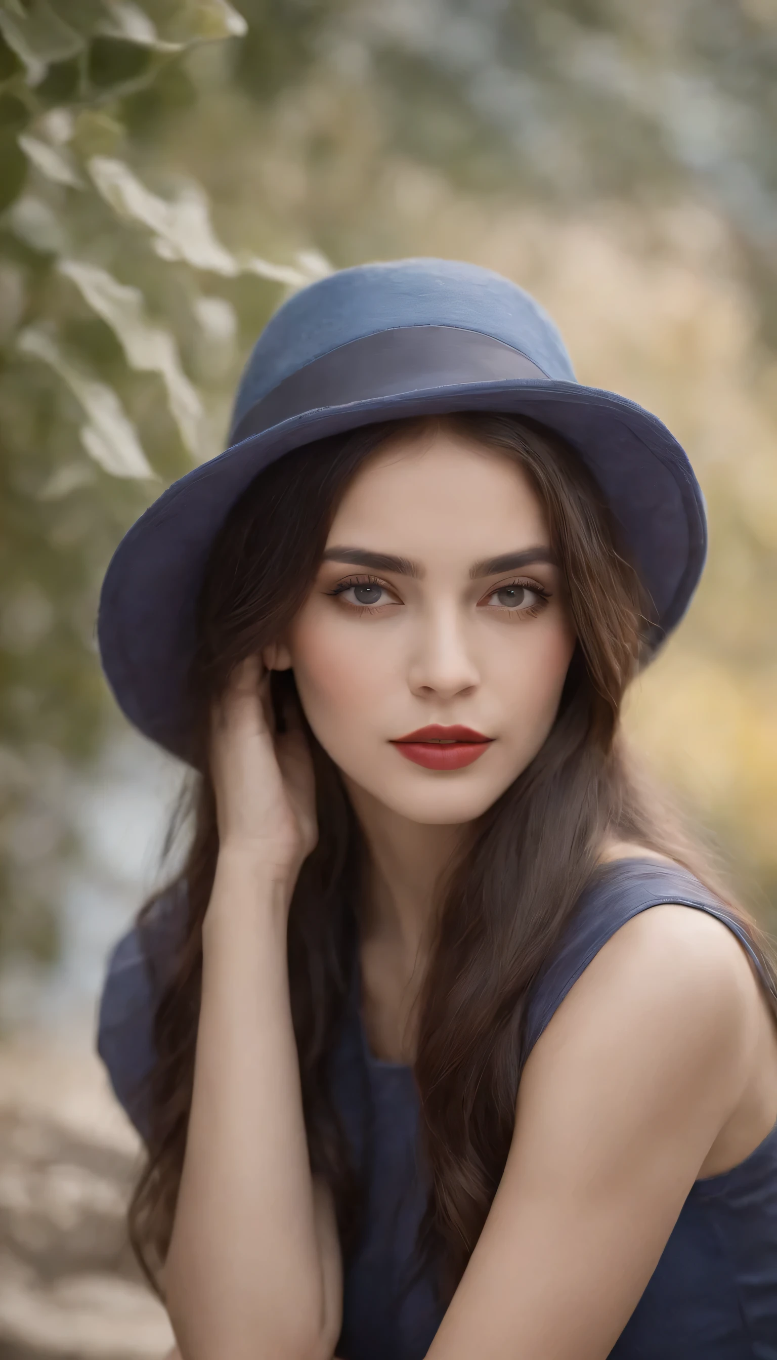 [On a sketchbook sheet, Blue lines, A beautiful and intriguing woman looks at the viewer with a faint smile on her lips. she has long, Dark hair that fall on your shoulders. She wears a black hat, Decorated with red flowers, yellow and purple on the head.  She is wearing sunglasses, The cap contrasts with the white background of the sheet. The image is a genuine work of pencil painting art, inspired by Diego Koi's realistic and detailed style, Famous Italian artist.]