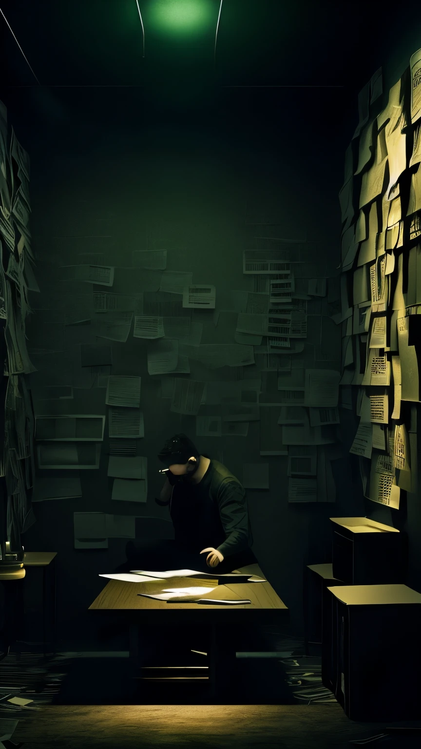 generate a pic of a room with many notes stuck on walls, many files on the table, angry man making a phone call, dark ambience but glow on man