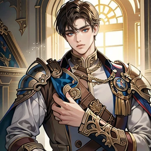 1 boy, Young male, Duke, Eyes blue looking to camera, Perfect male body, (Knight, Tall and strong, gold-brown hair,Frown,silver armor, sword in hand,stand in castle),dramatic shadow, Ray Tracing,Portrait,(tmasterpiece, high resolution, ultra - detailed:1.0)