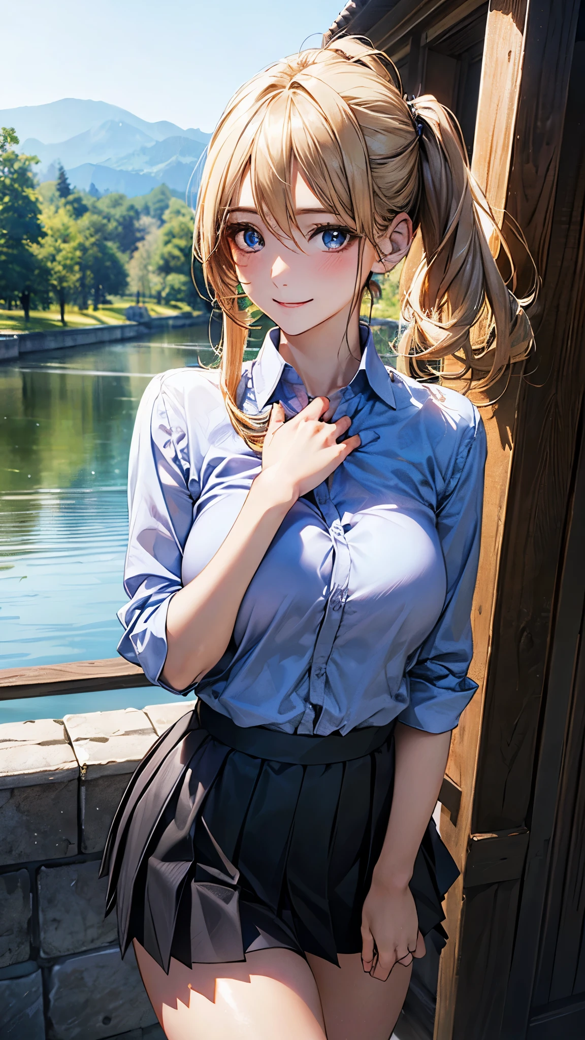 (masterpiece:1.2, top-quality), (realistic, photorealistic:1.4), beautiful illustration, (natural side lighting, movie lighting), 
looking at viewer, cowboy shot, front view:0.6, 1 wonan, japanese, , perfect face, cute and symmetrical face, shiny skin, 
(middle hair:1.7, side ponytail:1.7, (blonde hair)), hair between eyes, blue eyes, long eye lasher, (large breasts:0.9, thick thighs), 
beautiful hair, beautiful face, beautiful detailed eyes, beautiful clavicle, beautiful body, beautiful chest, beautiful thigh, beautiful legs, beautiful fingers, 
((light blue collared shirt, black pleated tight skirt, )), purple panties, 
(beautiful scenery), evening, riverside, walking, hands on chest, (excited face, very happy), 
