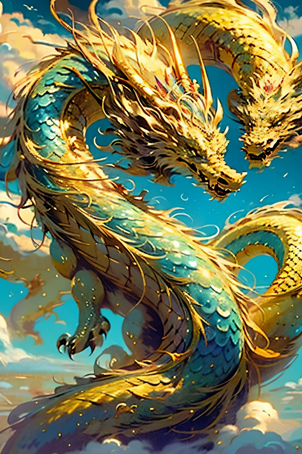 Blue sky and 100 days, traditionally decorated scene, a golden dragon emerges from the clouds above, spectacularly shocking and awe-inspiring, with a majestic and intricately detailed body adorned in shimmering gold. The dragon's scales glint in the sunlight, each one meticulously crafted to reflect the beauty of ancient Chinese art. S2: sharp claws that gleam like jewels.