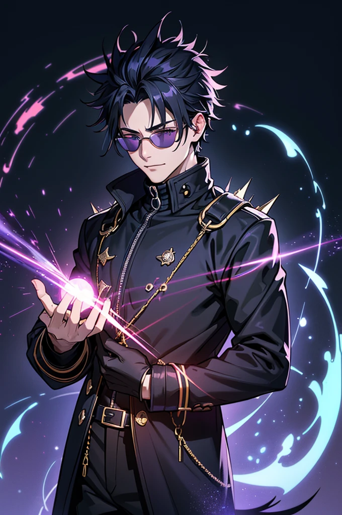 ((High detail、Cinematic lighting))、Man, Messy spikey hair ,white highlights, Violet Eyes、Black lashes、god rays、Ray tracing、drop shadow、optical illusion、Haut du corps、Looking at the camera、Masterpiece、((Super Detail、Best Quality、8K))、Jujutsu Kaisen、Gojo Gojo、Perfect jet black background、serene look、smug smile, powerful being、Mystical atmosphere、(Strange moonlight、ominous shadows、 Intense blue aura、 Intense red aura、Symbol of the power that surrounds him、Radiating magical energy、Mystical artifacts、Ether particles、dinamic pose、Epic soundtrack、(((Detailed hand)))、yelllow sunglass, black coat, yellow jacket under coat, black ripped jeans, Demon Tail