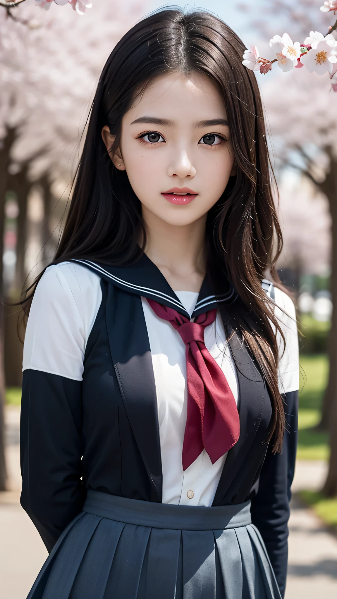 (1young girl), Amazing face and eyes, (amazingly beautiful girl), (Best Quality:1.4), (Ultra-detailed), (extremely detailed CG unified 8k wallpaper), Highly detailed, High-definition raw color photos, Professional Photography, sailor uniform, school uniform, School, Spring, cherry blossoms,