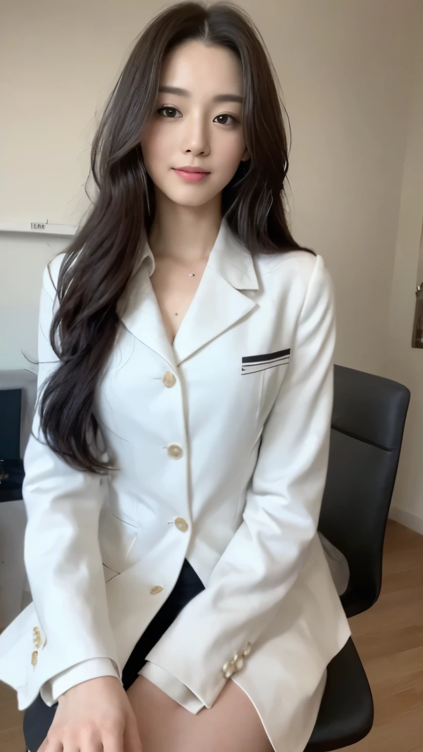 ((top-quality、8k、masterpiece:1.3))、Beautiful woman with perfect body:1.4、slim abdomen:1.2、Longhair, normal breast, Highly detailed facial and skin texture, A detailed eye, delicate eyes, (smile), (full body shot), ((office)), (sitting on chair), (((wearing white uniform, black coats))), looking in front