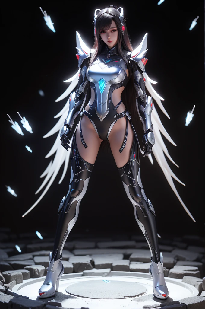 (((full body photo))) Female black mech sculpture,Skysky,The mech is rich in detail,Mechanical skin texture,Silver robot wing detail,Silver lightning ball,holding knives,Explosive effect