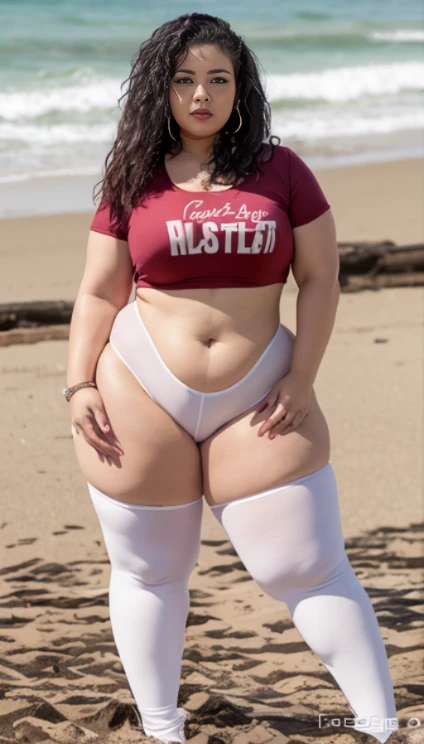 Una mujer con una sosten rojo y tanga rojade pie en una playa., beautiful grueso female, curvas hourglass figure, grueso, skinny waist and grueso hips, curvas model, curvas figure, fit curvas physique, grueso thighs, curvas body, grueso, ella tiene un vientre redondo, gordo y ondulado, grueso body, grueso thigs, curvas build, curvas