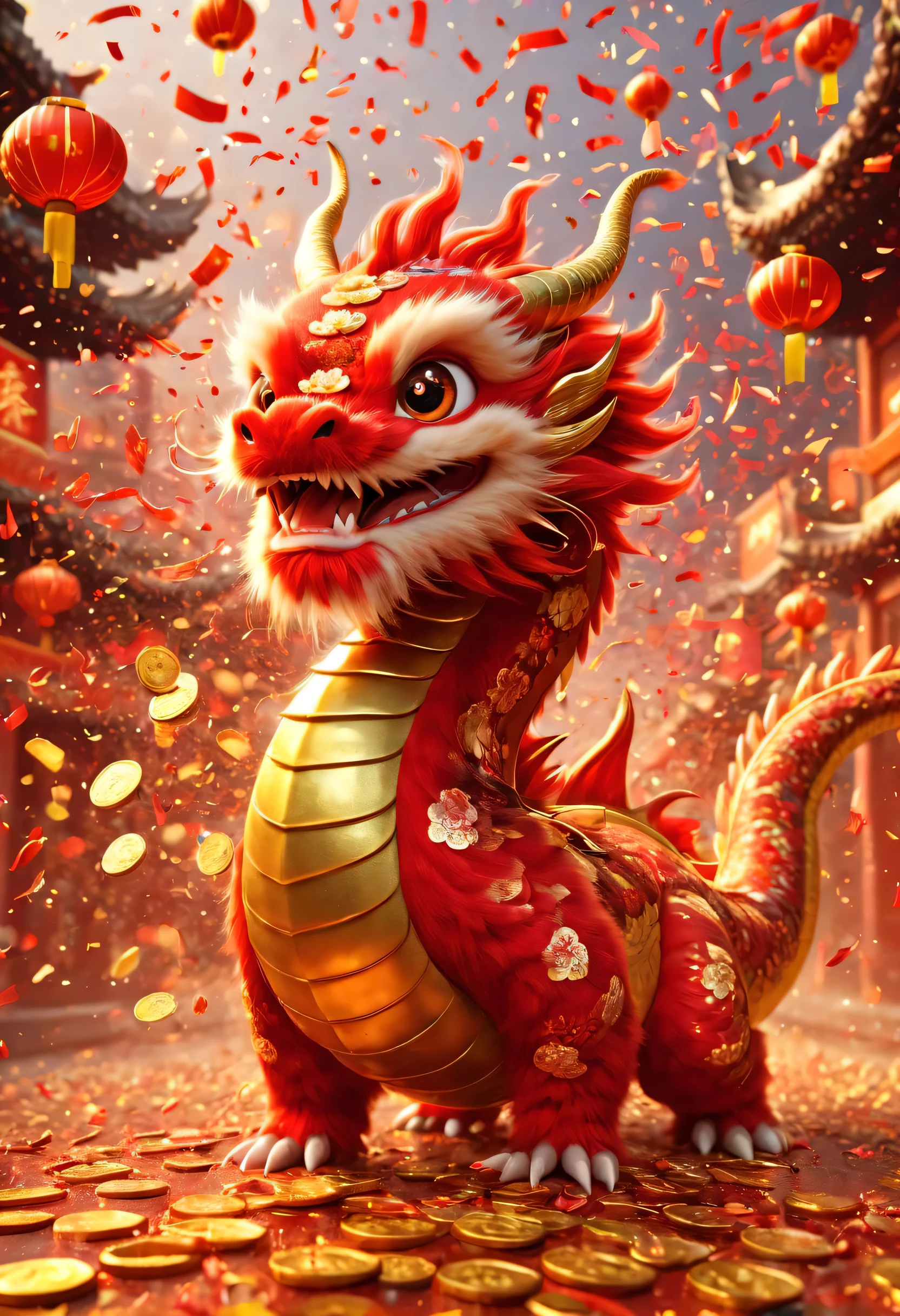 Chinese Lunar New Year has arrived，baby oriental dragon，hairy body，Warm，Many gold coins burst out from firecrackers，Red and gold confetti flying in the sky，Gold coin rain，A strong festive atmosphere，It was lively。