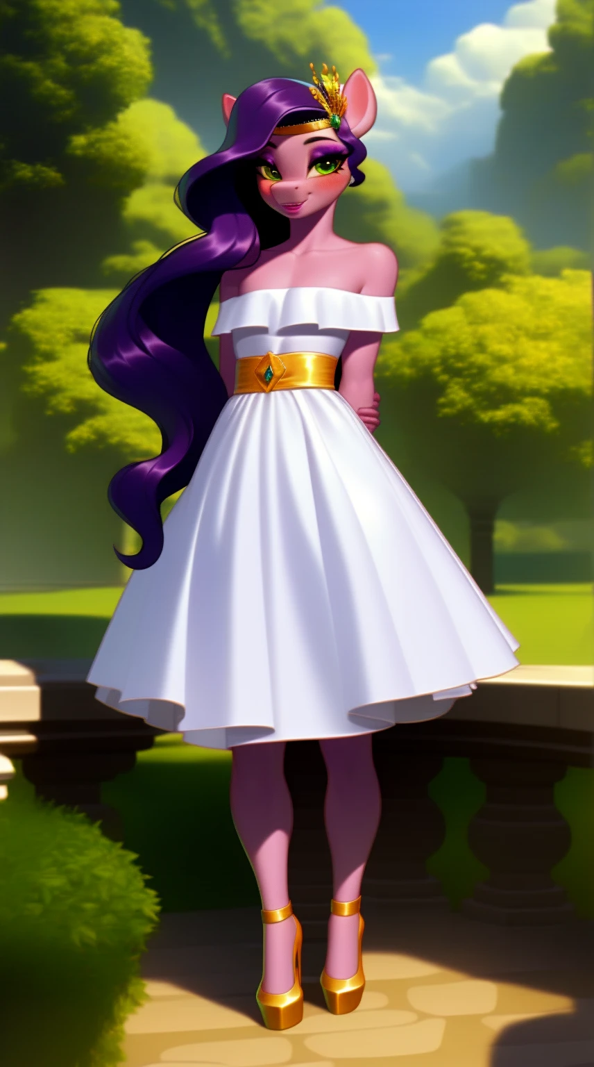 (score_9), (source_ derpibooru_p_95), (pegusas), ((anthro pipp petals :1.1)), (shoulderless prom dress), blushing, solo, realistic long hair, anatomically correct, flat chest, hourglass figure, high res, pink bottom lip, extremely detailed, absolutely stunning, makeup, high heels, detailed background, hands behind back,